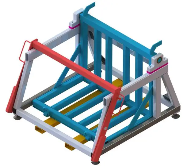 Ein Werkzeugwender 5–7 t mit blauem und grauem Rahmen, roten Sicherheitsbügeln und Staplerhülsen für das Wenden schwerer Formen im Werk.