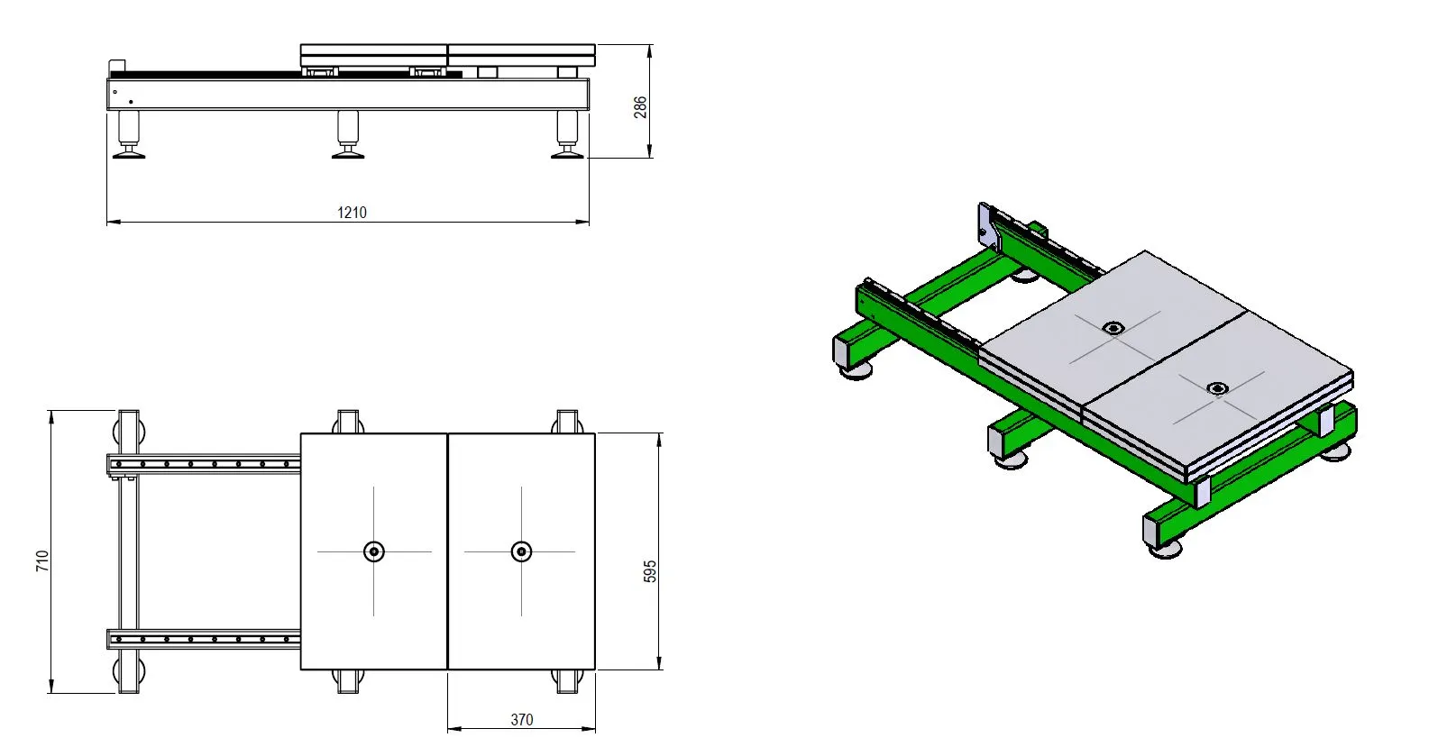 Die technische Zeichnung zeigt den Montagetisch KFM 3000 A mit Maßangaben, Draufsicht und 3D-Ansicht für Werkzeuge bis 3.000 kg.
