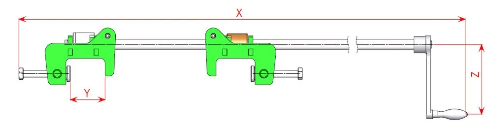 Die technische Zeichnung zeigt eine Oeffnungshilfe mit grünen Halterungen und markierten X-, Y- und Z-Abmessungen.