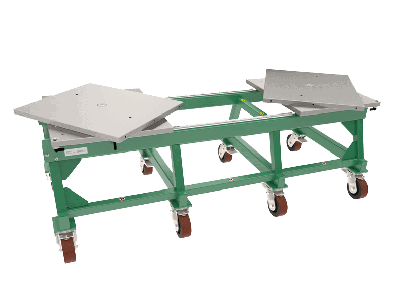 Die KFW 3000 zeigt einen grünen Stahlrahmen mit drehbaren grauen Platten und vier lenkbaren Rollen.