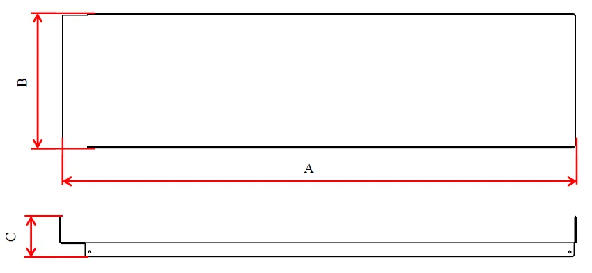 Maßzeichnung Schutzabdeckung für Werkzeugöffner mit Länge A, Breite B und Höhe C