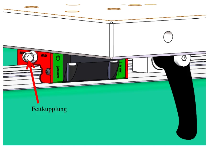 Bremshebel und Laufwagen der Linearführung am Werkzeugöffner KF mit Fettkupplung zum Schmieren