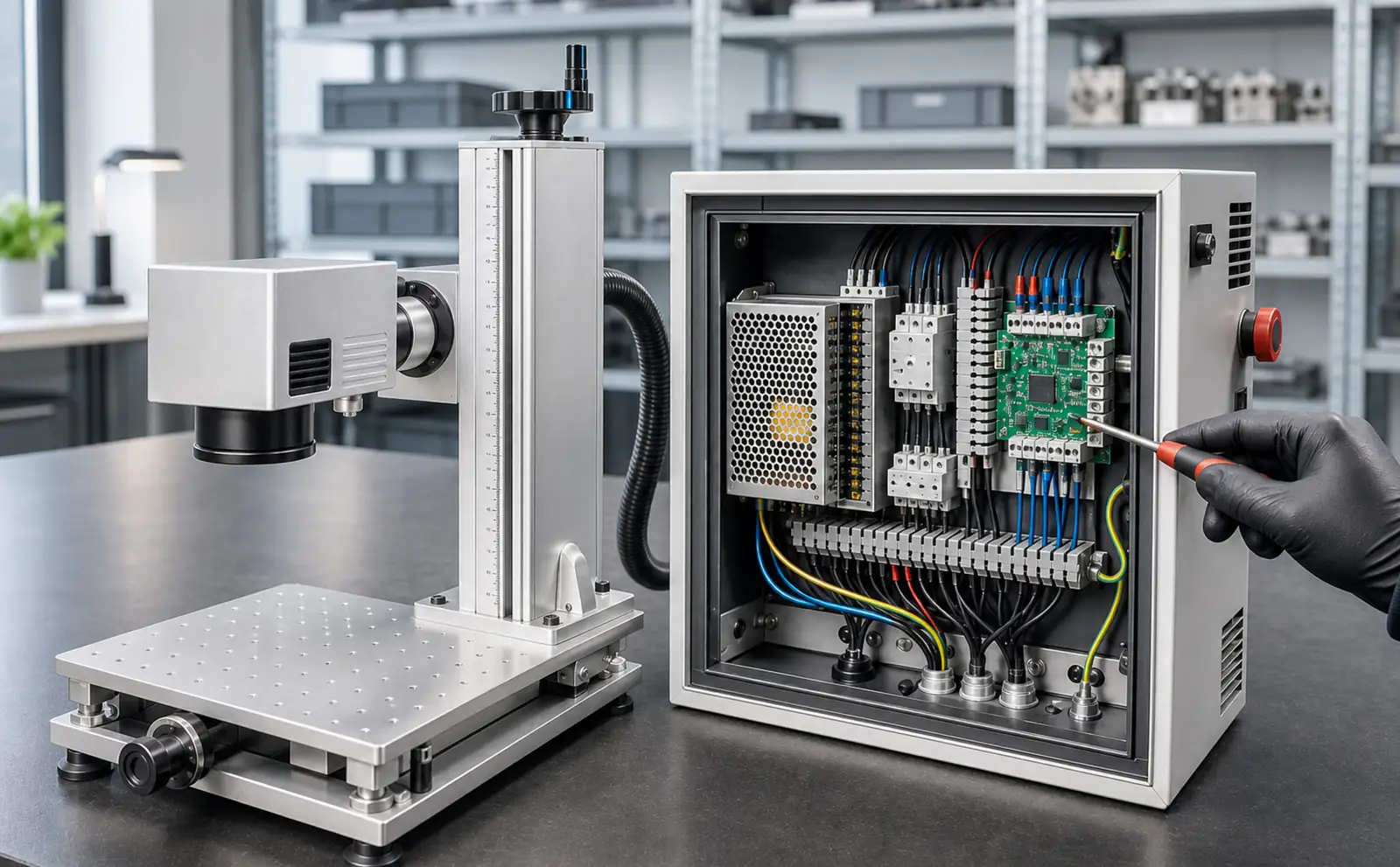 Faserlaser Reparatur: Techniker prüft die Elektronik eines Gravierlasers