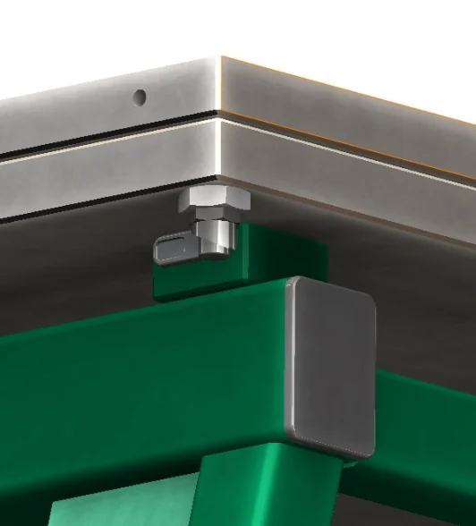 Sicherungspin unter der Drehplatte des Montagetisches zum Verriegeln der Plattendrehung