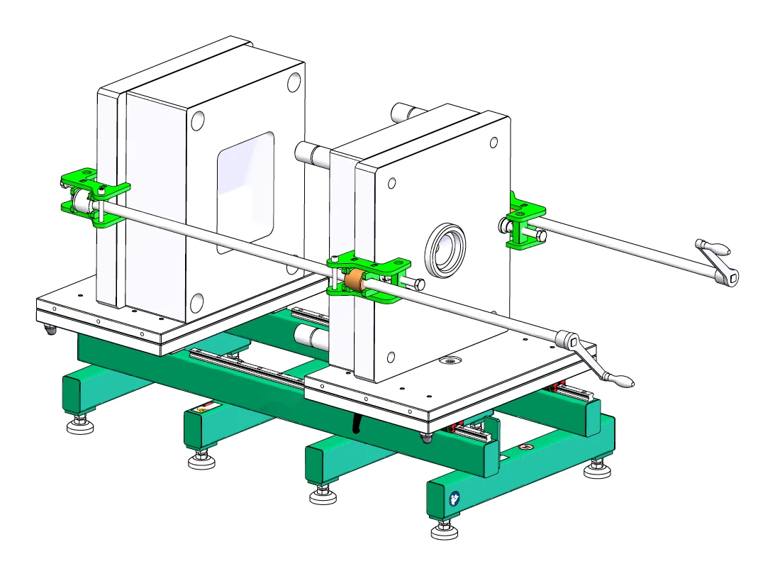Öffnungshilfe für Werkzeuge mit Trapezspindeln und Kurbeln an einer geöffneten Form auf dem Werkzeugöffner