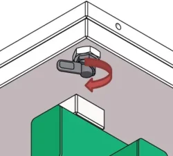 Werkzeugöffner KFM – Detailansicht des Sicherungs-Pins mit Drehmechanismus an der Halterung