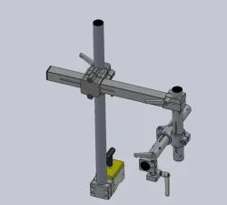 Technische Modellskizze einer verstellbaren Werkzeughalterung mit Magnetaufnahme, Querträger und mehreren Klemmelementen.