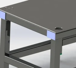 Graues Metall-Untergestell mit stabiler Tischplatte und Verstrebungen für Werkzeugöffner und Formenöffner in einer präzisen 3D-Darstellung.