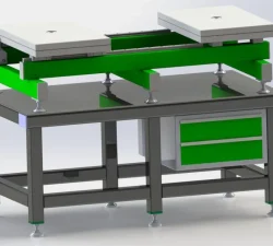 Ein gruen-grauer Werkzeugoeffner mit stabilem Untergestell, verstellbaren Fuessen und integriertem Schubfachmodul steht in sauberer Darstellung.
