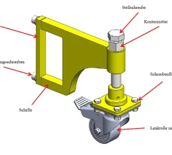 Fahrwerk für Werkzeugöffner mit Bauteilen: Halter, Schelle, Befestigungsschrauben, Stellschraube, Kontermutter, Schraubenflansch und Lenkrolle mit Bremse