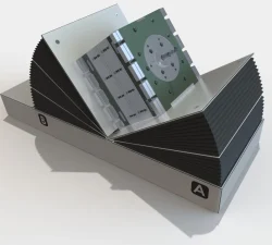 Flügelwender dreht eine Spritzgussform mit zwei hydraulisch bewegten Platten um 90 Grad